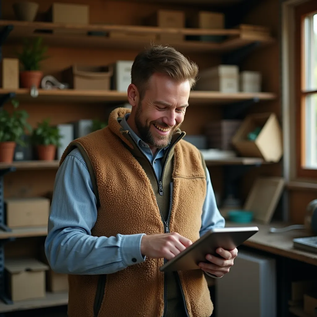 Propriétaire d'une entreprise d'aménagement paysager dans son atelier, tablette en main.